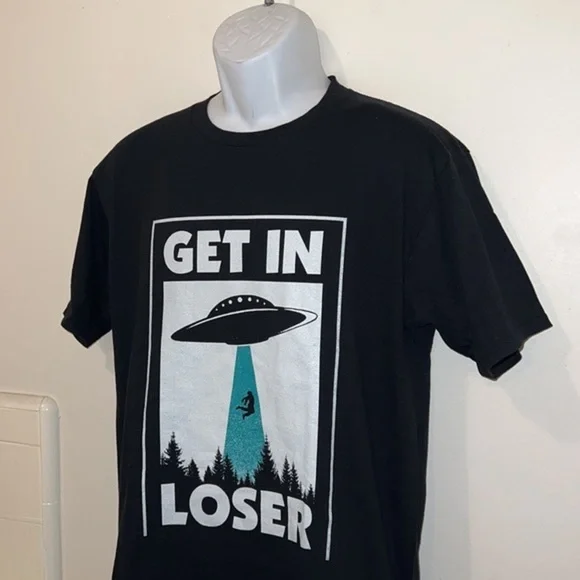 Unisex “Get in Loser” Alien Abduction Black Graphic Tee - Picture 4 of 9